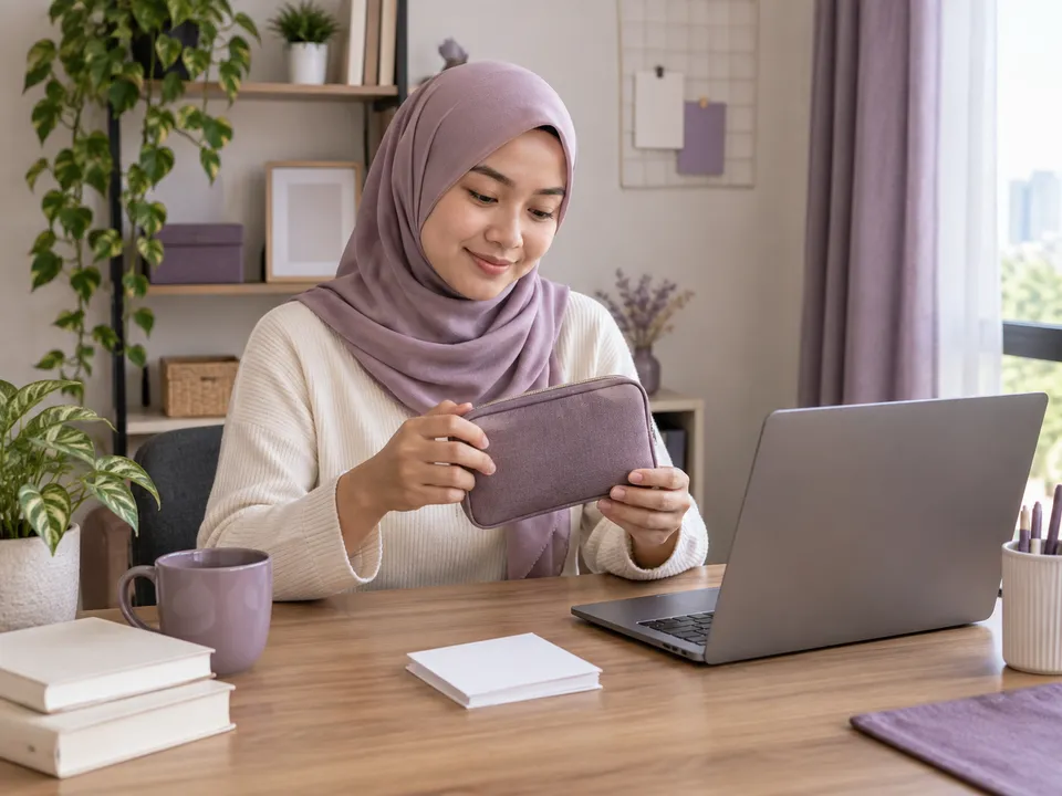 Ilustrasi: Pelanggan memegang pouch ungu tertutup di meja bersama kad kosong.