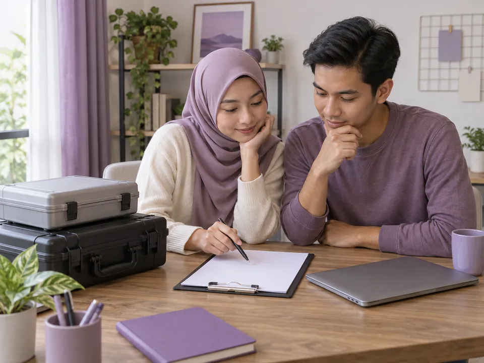 Ilustrasi: Dua pelanggan meneliti kertas kosong di meja bersama dua bekas.